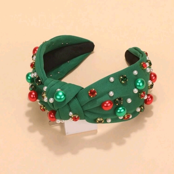 Green headband with multicolored stones and pearls - Picture 2 of 4
